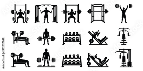 Gym equipment icons set, weightlifting and bodybuilding silhouettes, 15 fitness workout vector elements, strength training exercise equipment