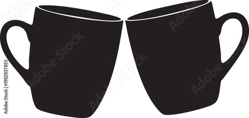 Two black silhouette mugs facing each other with handles on opposite sides