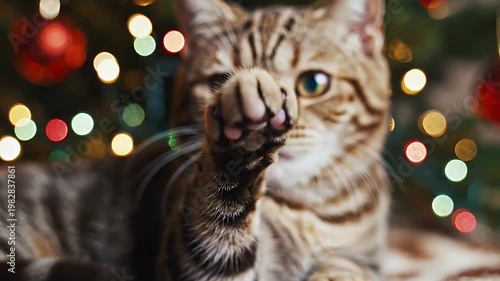 Close Up Portrait Of A Tabby Cat With Golden Eyes In Front Of A Blurred Christmas Tree With Bokeh Lights