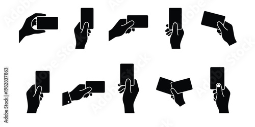 Black silhouette hands holding business cards, set of 10 vector icons showing various hand gestures with blank cards, credit card and ID card mockup elements