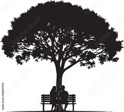 Two people sitting together under a large tree on a park bench in silhouette.