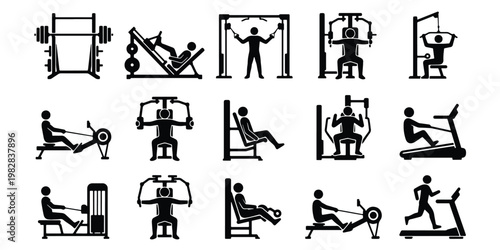 Gym equipment icons set, fitness workout machine silhouettes, 15 black vector pictograms of people exercising in health club, bodybuilding and cardio training symbols