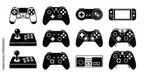 Video game controller icons set, black gaming gamepad vector silhouettes, 12 retro and modern joystick elements for esports and gaming UI