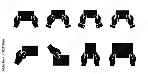 Black silhouette hands holding cards vector icons, set of 8 human hand gestures with business cards, minimalist arm and paper sign symbols
