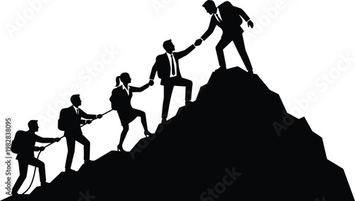 Successful Business Team Silhouette Climbing Mountain Together, Helping Each Other Reach Top, Concept of Leadership, Mentorship, Teamwork, Cooperation, and Achievement