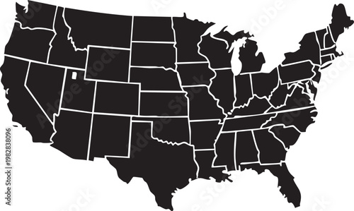 Black and white us map highlighting specific states in dark shade