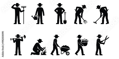 Gardening silhouette icons set, 10 farmer and gardener vector elements, agricultural workers with tools and equipment for landscaping and farming