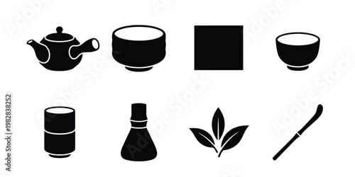 Japanese matcha tea ceremony icons, black silhouette vector set of 8 elements, traditional green tea preparation tools and ceramic bowls