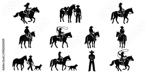 Cowboy and Cowgirl Silhouettes Set, Western Horse Rider Vector Icons, Equestrian Ranch Life Graphics, 11 Black Silhouette Elements for Wild West Design