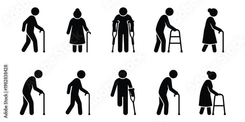 Elderly people and disabled person icons, senior citizen pictograms with walking stick and walker, set of 10 black silhouettes for healthcare