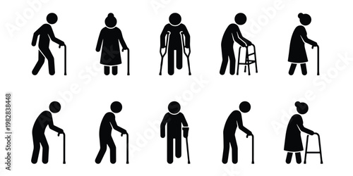 Elderly people stick figure icons, senior citizens with walking aids and crutches, 10 disability and mobility vector silhouettes for healthcare