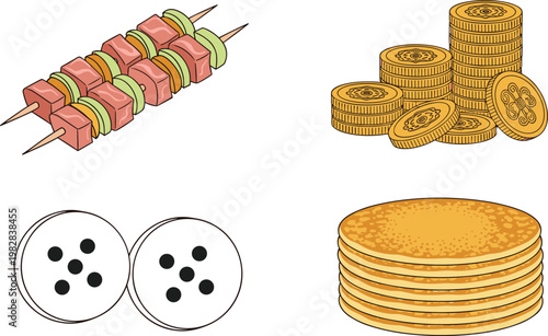 Food and finance icon set with barbecue skewers, stacked coins, round cookies and pancakes vector illustration isolated collection for cooking and business design
