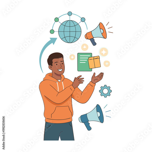 Man presenting global communication with megaphones and documents