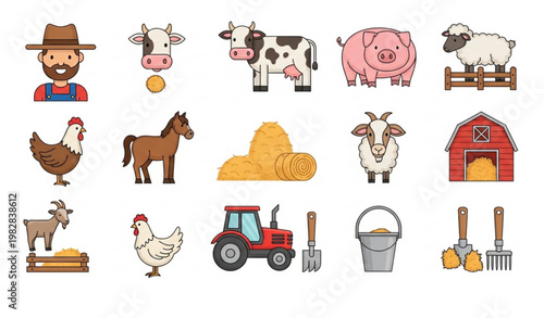 Farmer and farm animal vector set with cow pig chicken tractor elements