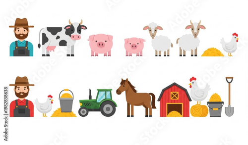 Farmer vector bundle with farm animals barn tractor and rural elements