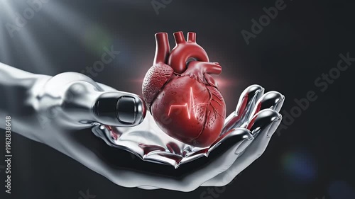 Metallic Robotic Hand Holding Realistic Human Heart with Subtle Glowing Red Light and Lens Flare