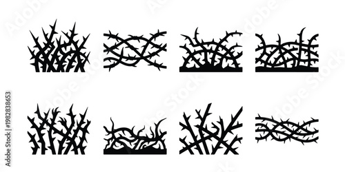 Black thorn branch silhouettes, set of 8 thorny bush vector elements, sharp prickly bramble thicket icons, tangled briar vine border graphics