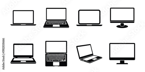 Minimalist laptop and computer monitor icons, 8 black vector device silhouettes, modern electronic hardware display set for web design