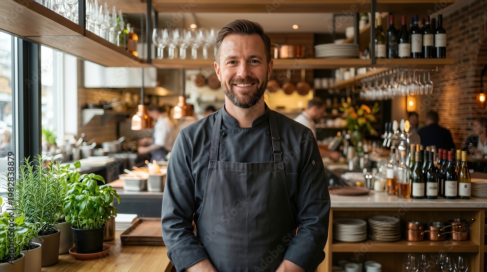 Fototapeta premium Male restaurant chef wearing a dark gray apron stands confidently in a modern kitchen with shelves of glassware and bottles in the background
