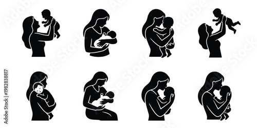 Mother and baby silhouette icons, set of 8 vector elements showing motherhood and childcare, black and white maternal love symbols for parenting