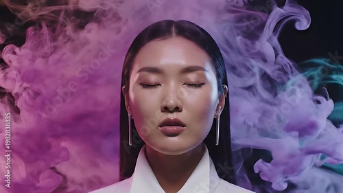 Serene Asian Woman Eyes Closed Surrounded By Swirling Pink And Blue Smoke Against A Dark Background