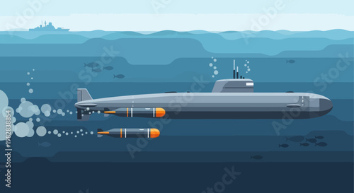 torpedo launching underwater with warship in background