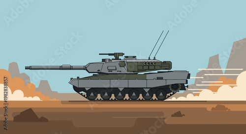 military tank in desert landscape with explosion