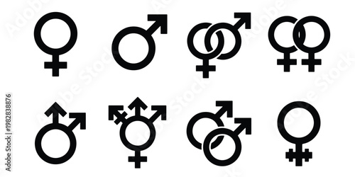 Gender symbols icon set, male and female identity signs, transgender and non-binary sexual orientation glyphs, 8 black vector elements for web