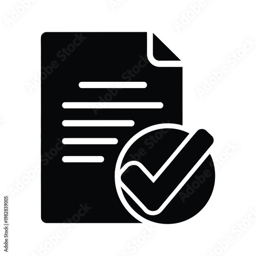 Document complete icon, paper with check mark symbol, file accepted and confirmed black glyph, approved form.