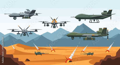 futuristic drones surveying mountainous terrain