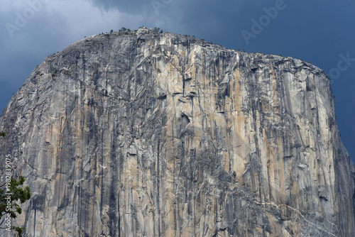 Upper section of El Capitan’s granite wall rising above Yosemite Valley. Yosemite National Park, California, summer 2024.