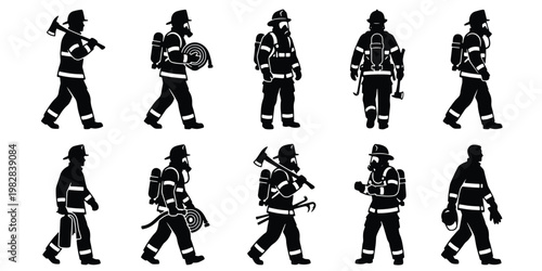 Firefighter silhouette collection, 10 black vector icons of firemen in full gear, emergency rescue workers with axes and hoses for safety graphics