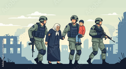 Armed Forces Patrolling Urban Area with Civilians 