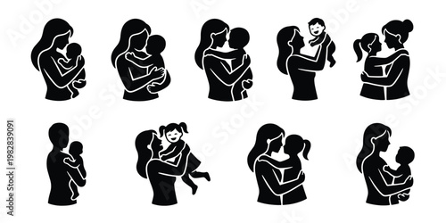 Mother and child silhouette icons, set of 9 black vector elements showing maternal love, parent and baby bonding illustrations for family branding