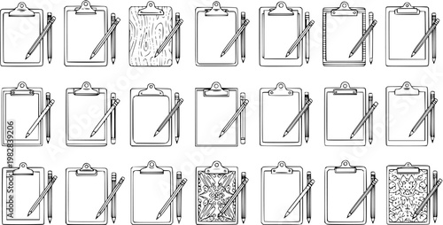 Hand-drawn collection of clipboards with pencils. Sketch style black and white doodle illustrations of stationery for office, school, and creative work.