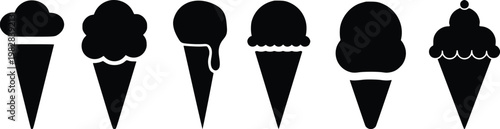 Ice Cream Cone Icon Set Vector – Different Scoop Shapes Silhouette Collection for Dessert Design