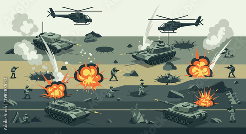 War Zone Battlefield with Explosions and Tanks