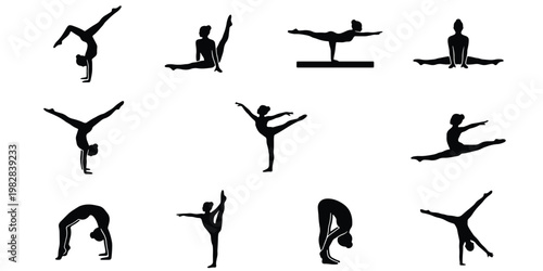 Gymnastics silhouettes set, 12 female gymnast vector icons, athletic women performing rhythmic gymnastics and acrobatics, black sport figures on white