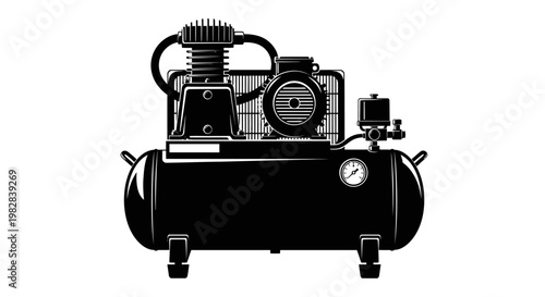 Black and white illustration of industrial air compressor.