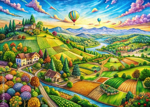 Aerial View of Hand-Drawn Illustrations Landscape, Artistic Bird's-Eye Perspective