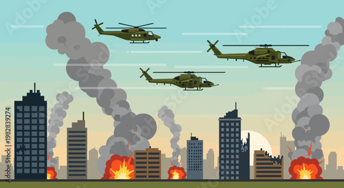 Helicopters Flying Over City During Military Operation