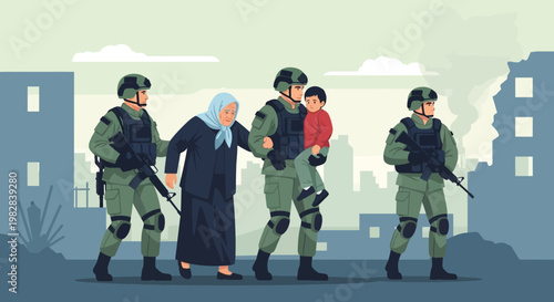 Soldiers Escorting Civilians in Conflict Area