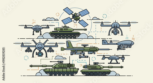 Military Vehicles and Defense Equipment Collection Illustration