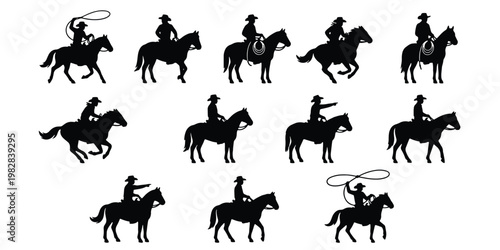 Cowboy silhouette vector set, 11 western horse rider icons, rodeo lasso and equestrian silhouettes, black rancher and stallion graphics