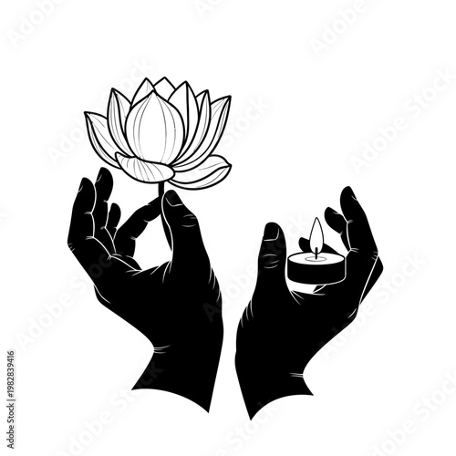 Buddha Purnima Offering Hands Lotus Candle Black Minimal Vector Icon