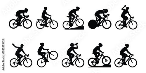Cyclist silhouette collection, 10 bicycle rider icons in black vector format, professional road cycling and mountain biking athlete set for sports design