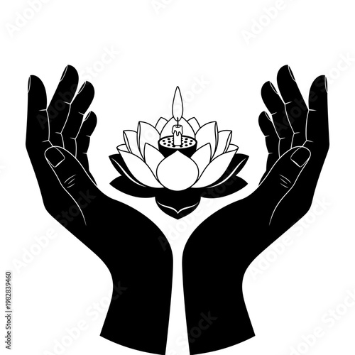Buddha Purnima Offering Hands Lotus Candle Black Minimal Vector Icon