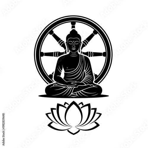 Buddha Purnima Peace Symbol Lotus Dharma Wheel Black Minimal Vector