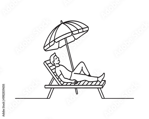 Minimalist black line icon of a person reclining on a lounge chair under a beach umbrella, symbolizing rest, vacation, and leisure, simple outline style, transparent background