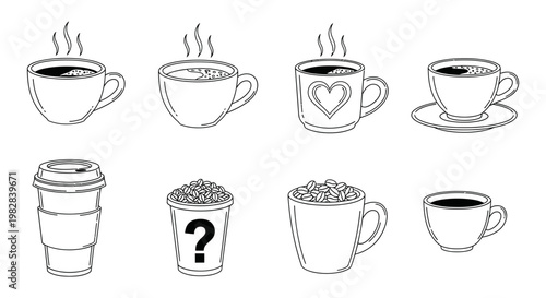 Collection of coffee cups steaming drinks line art icons beverage assortment